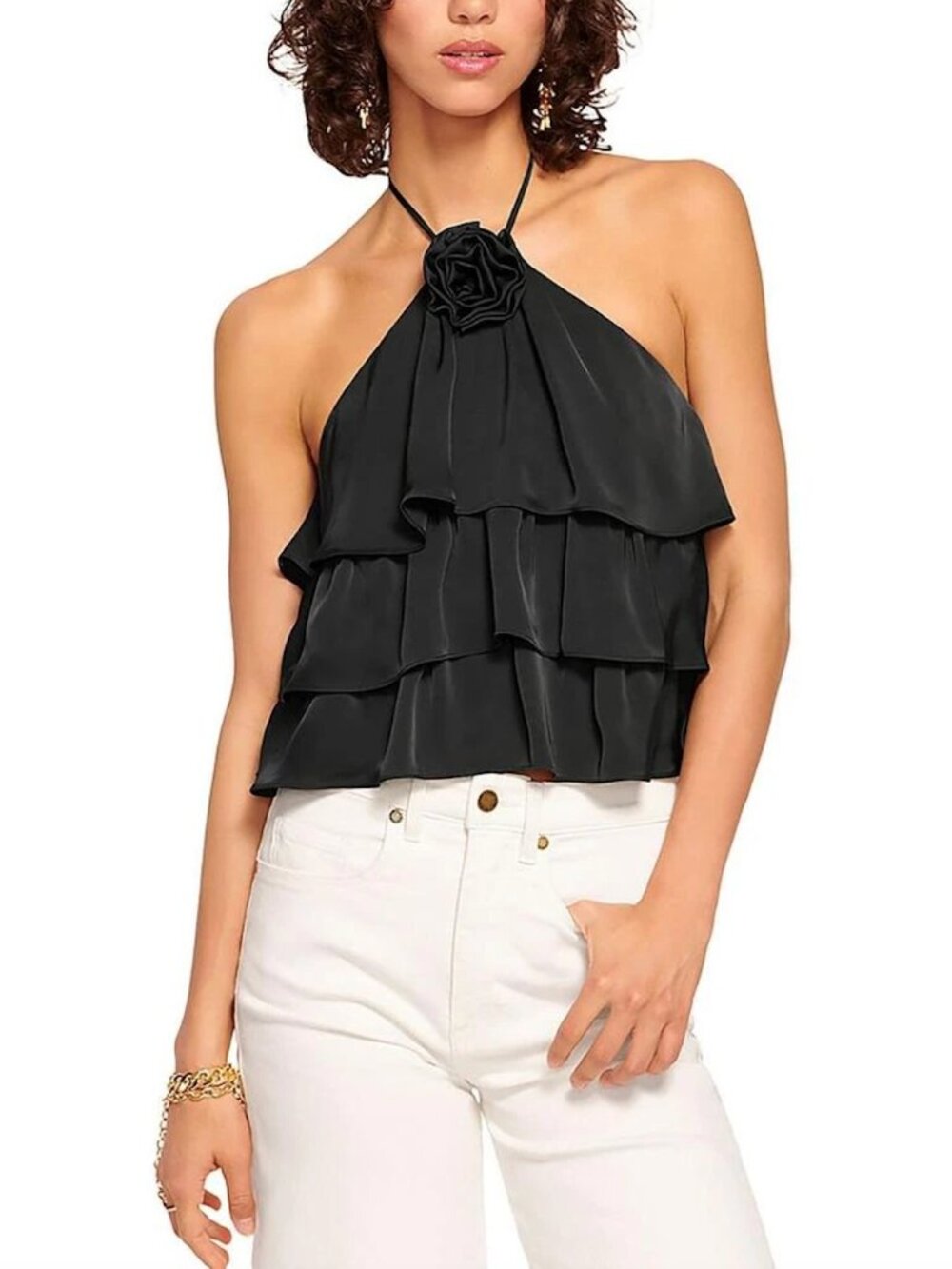 Ramy Brook Minnie Tiered Ruffle Halter Top - Black